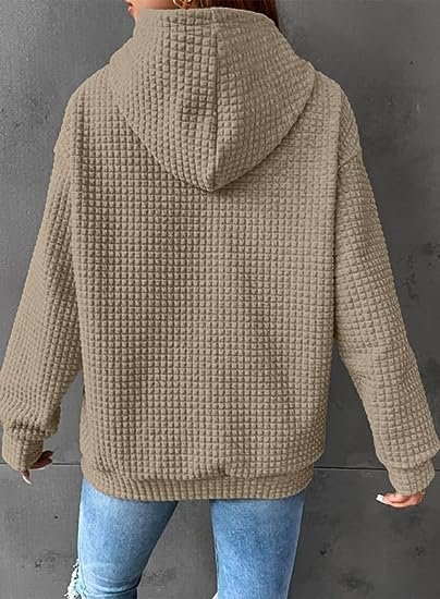 Womens Hoodies Casual Long Sleeve Drawstring Waffle Pullover Tops Loose Hooded Sweatshirt with Pocket