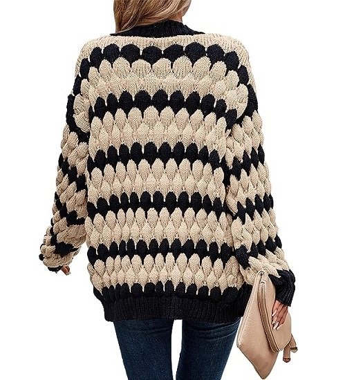 Women's Cardigan Autumn Lantern Sleeve Front Stripe Colorblock Loose Cable Knit Sweater Jacket