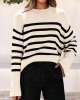Women's Fall Winter Casual Oversized Long Sleeve Striped Sweater Crew Neck Ribbed Knit Side Slit Pullover