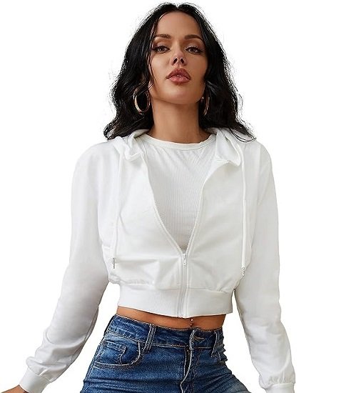 Women's Zipper Hoodie Cropped Cardigan Jacket Drawstring Hoodie Casual Sweatshirt