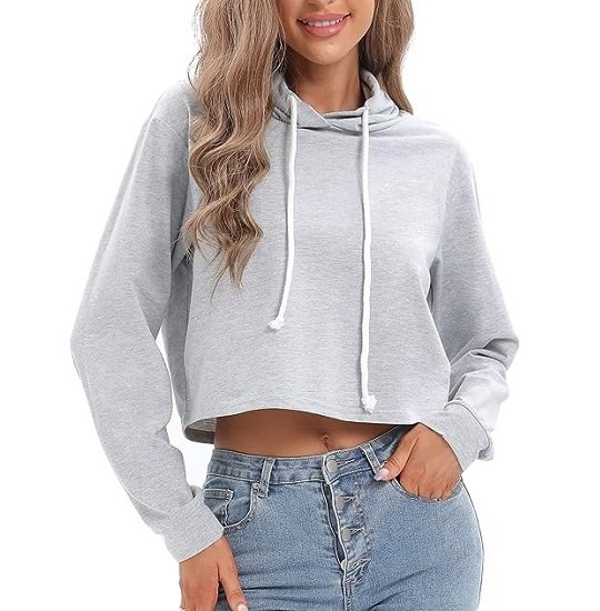 Women's Drawstring Hoodie Casual Solid Color Sweatshirt Long Sleeve Cropped Top
