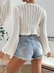Women's Tie Front Tops Bell Long Sleeve Knit Crochet Cardigan Crop Top
