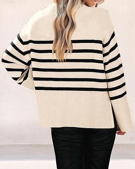 Women's Fall Winter Casual Oversized Long Sleeve Striped Sweater Crew Neck Ribbed Knit Side Slit Pullover