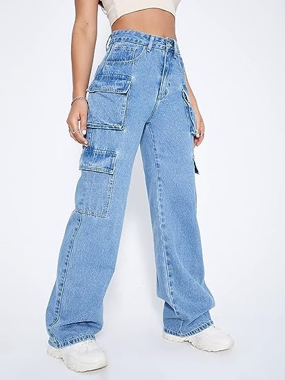 Women's High Waist Cargo Jeans Flap Pocket Straight Leg Denim Pants
