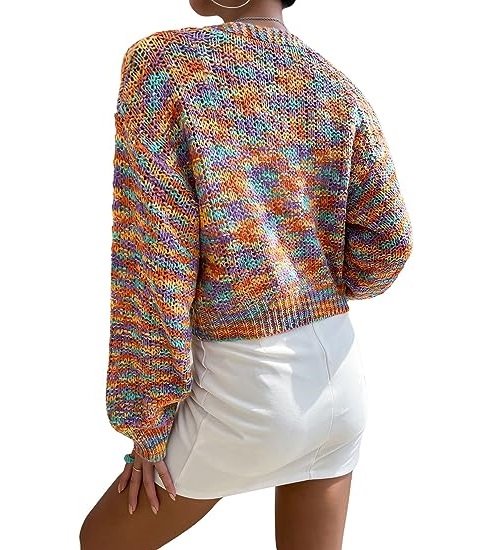 Women's Color Block Long Sleeve Open Front Cardigan Sweater Knit Crop Top